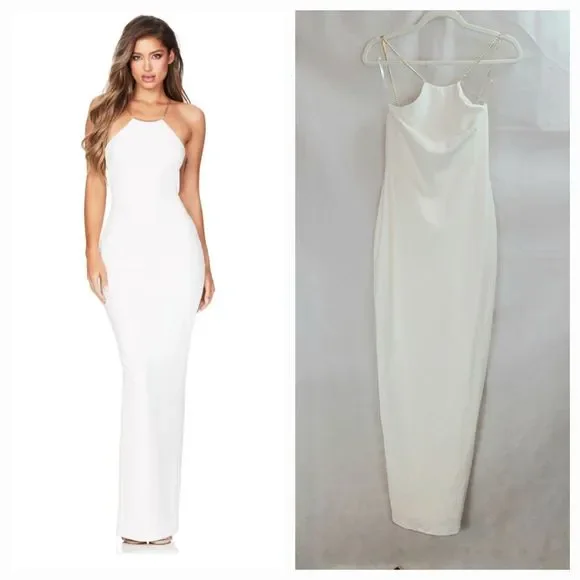 White Dresses | Nwt Nookie Lexi Chain Gown Women's (M) White Crepe Gold Chain Straps Slit--$299 | Color: Gold/White | Size: M | Juliefuqua's Closet